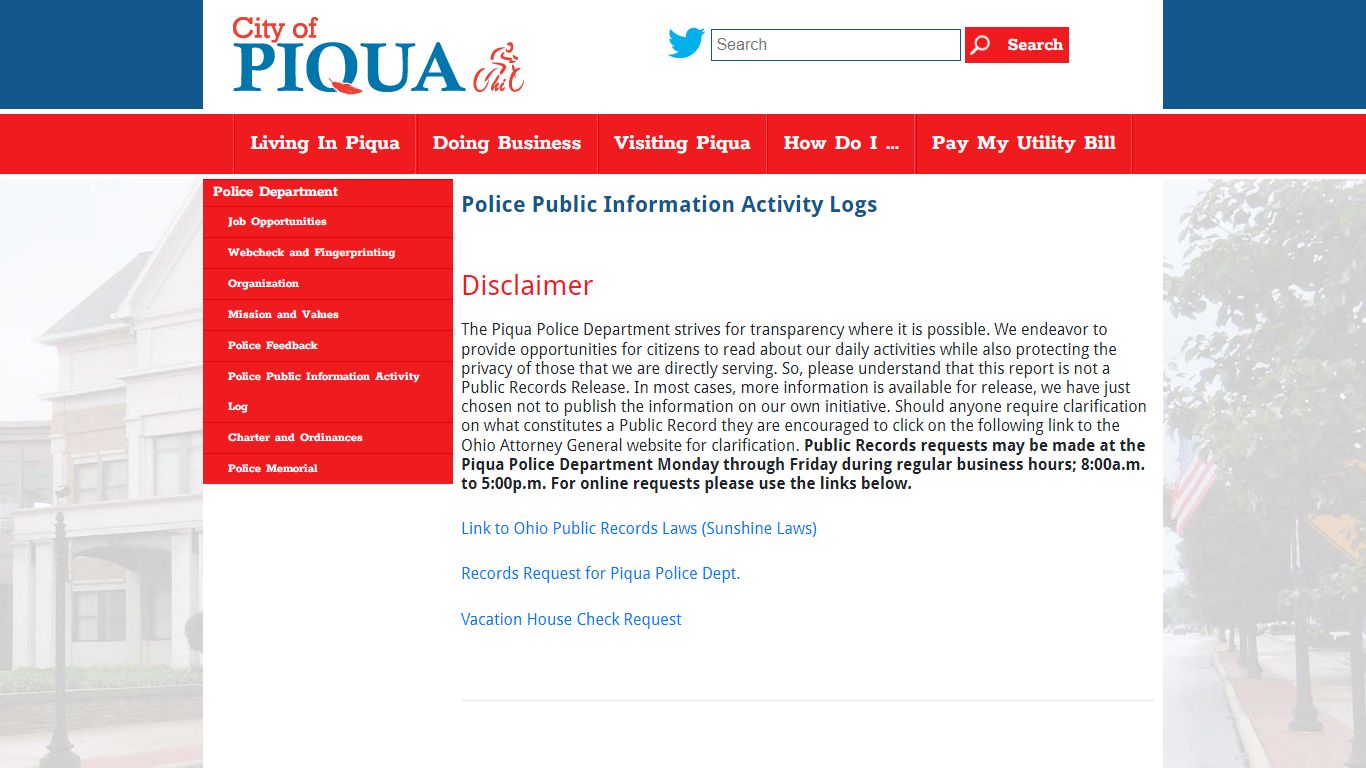 Police Public Information Activity Logs – City of Piqua, Ohio