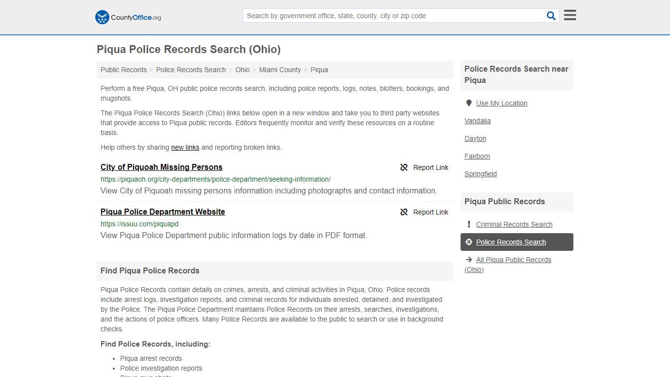 Piqua Police Records Search (Ohio) - County Office
