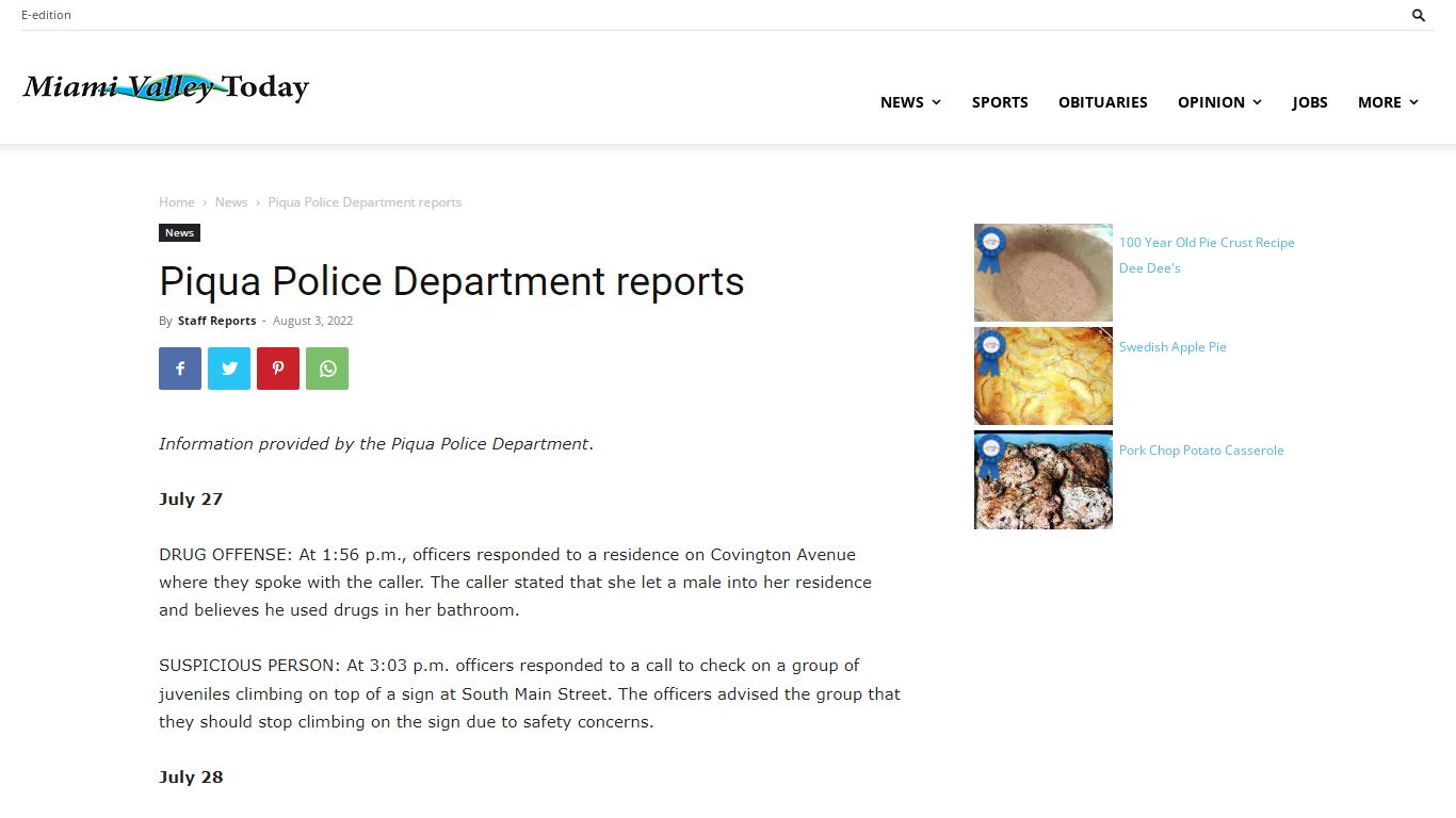 Piqua Police Department reports - Miami Valley Today