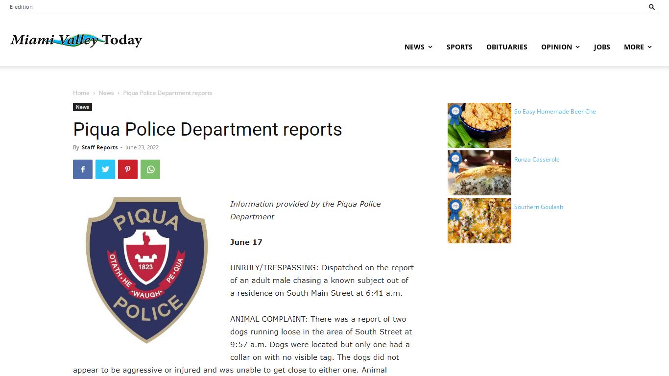 Piqua Police Department reports - Miami Valley Today